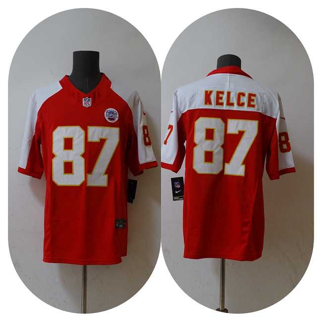 Men%27s Kansas City Chiefs #87 Travis Kelce Red White 2023 F.U.S.E. Vapor Untouchable Limited Football Stitched Jersey